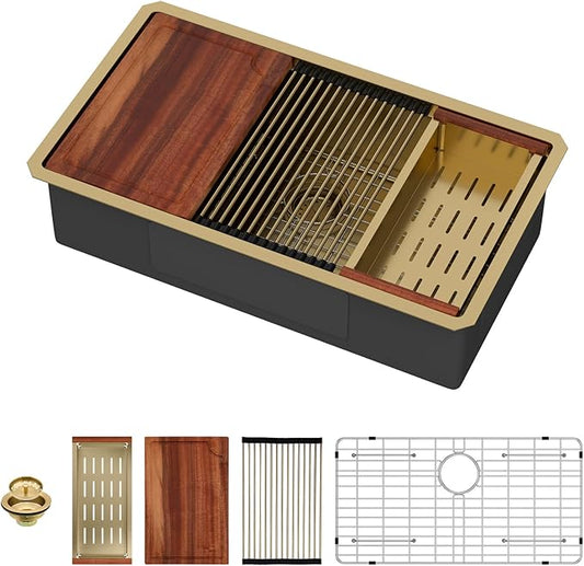 33 Undermount Gold Kitchen Sink Workstation 16 Gauge Stainless Steel 9 In Deep Kitchen Sinks with Practical Accessories