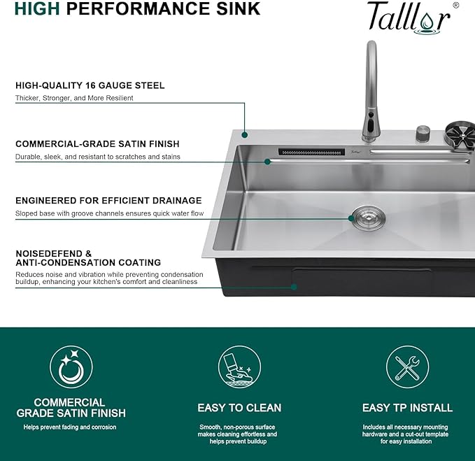 36 Inch Drop-In Single Bowl Kitchen Sink with Faucet, 16 Gauge 304 Stainless Steel Workstation Sink with Waterfall Outlet, Brushed Finish for Decoration or Renovation #TL-FDOE00015
