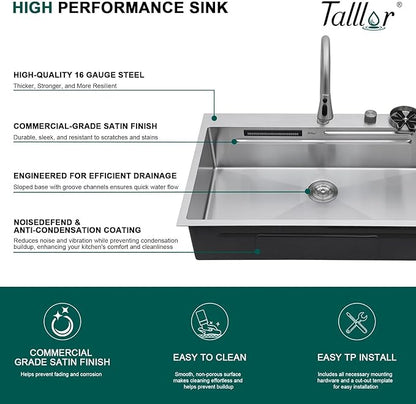 36 Inch Drop-In Single Bowl Kitchen Sink with Faucet, 16 Gauge 304 Stainless Steel Workstation Sink with Waterfall Outlet, Brushed Finish for Decoration or Renovation #TL-FDOE00015