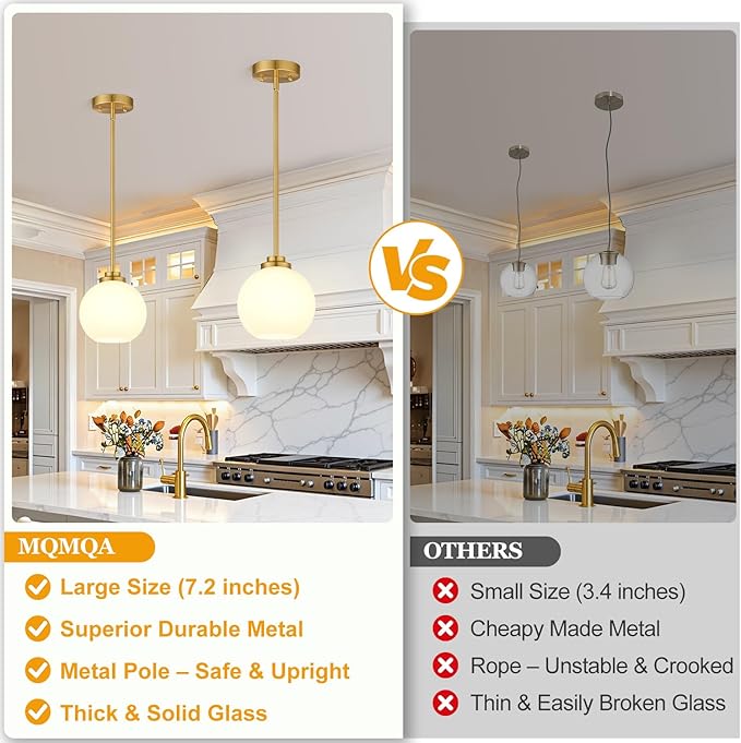 1 Pack 7.2-Inch Globe Pendant Lights, Mid Century Gold Pendant Light Fixtures, Globe Pendant Lights Kitchen Island with Milk Glass Shade Adjustable Hanging Fixture for Dining Room (Bulbs not Included)