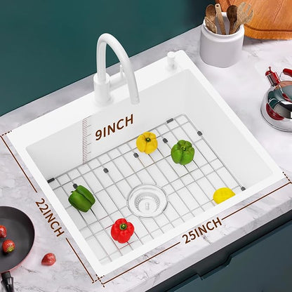 White Stainless Steel Kitchen Sink - 25x22 Inch Single Bowl Topmount With Sink Grid and Drain Assembly - Clean & Bright Bar Sink to Enhance Aesthetic Appeal of Modern Kitchen