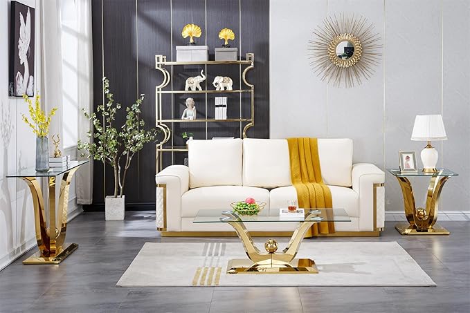 Luxury Glass Coffee Table Set of 4 Piece Gold Living Room Table Set of 4 Including Coffee Sofa End Tables Set,Gorgeous Stainless Steel Frame, Clear Glass Top for Living Room Home Office Apartment