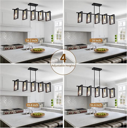 Farmhouse Kitchen Island Lighting Black Dining Room Lights Ceiling Hanging Rustic 5 Lights Wood Chandelier Light fixtures 41.3" Height Adjustable