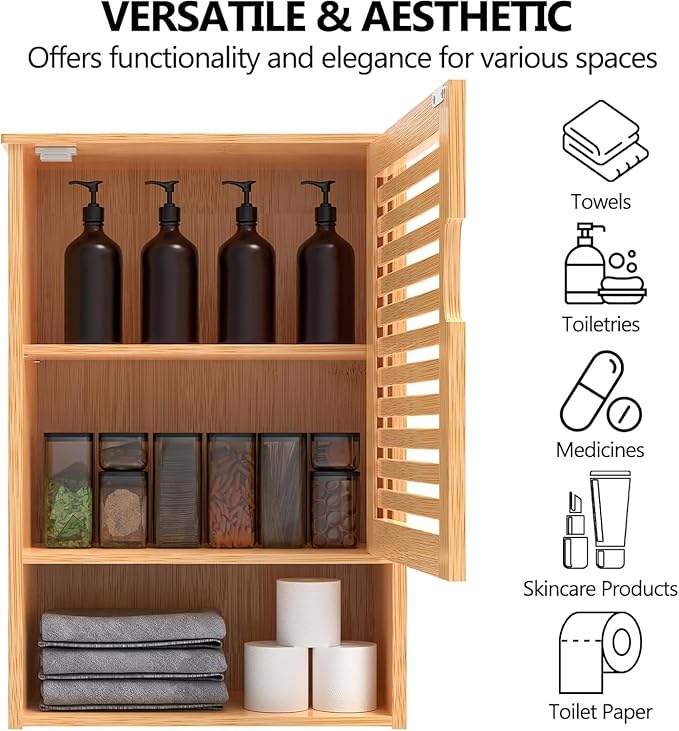 Bathroom Wall Cabinet with Single Door, Bamboo Medicine Cabinet Wall Mounted, Bathroom Storage Cabinet with Adjustable Shelf