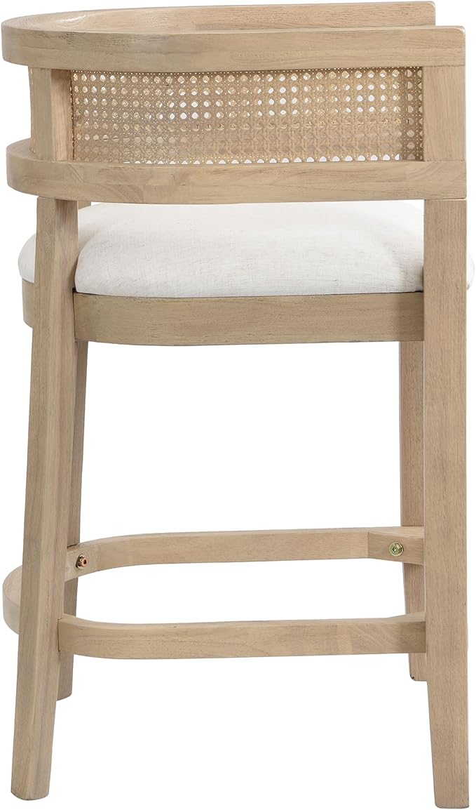 Set of 2 Upholstered Arm Counter Stools with Solid Rubberwood Frame & Natural Rattan Caned Back,Soft Padded Seating,Transitional Farmhouse Chairs for Kitchen Island Dining Room,25.5" H Natural Ash
