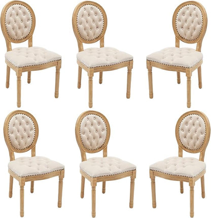 Velvet Dining Chairs Set of 6, Vintage Wooden Dining Chair with Solid Wood Legs, Upholstered Farmhouse Kitchen Chair for Living Room, Restaurant, Bedroom (Beige, Set of 6)