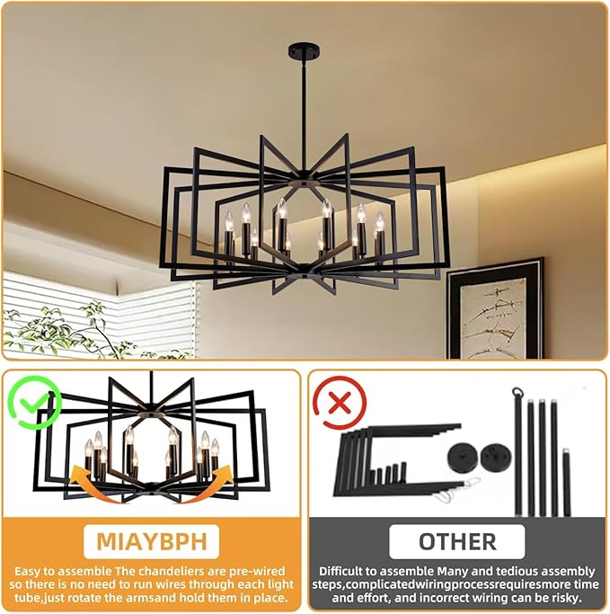 Black Chandelier for Dining Room,12-Light Dining Room Light Fixture Modern Geometric Metal Hanging Industrial Chandeliers for Entryway Kitchen Island Foyer Farmhouse Chandeliers
