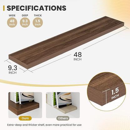 Acovy 48 Inch Floating Shelves, 9.3" Deep Floating Shelf Wall Mounted, 48" Wall Shelves, Rustic Deep Bookshelf, Large Display Shelves & Storage Shelves for Bedroom, Living Room, Walnut, Set of 1