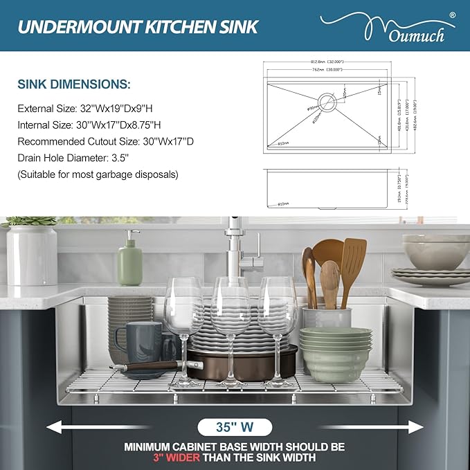 Undermount Kitchen Sink - 32 Inch Undermount Workstation sink 16 Gauge Stainless Steel Kitchen Sinks Under Counter Single Bowl Basin 32‘’x19''x9''