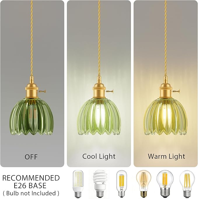 Ralbay 3 Pack Pendant Lights with Green Tulip Glass Lampshade, Mini Pendant Light Fixture with Switch, Adjustable Vintage Brass Hanging Light for Kitchen Island Bedroom Dining Room Hallway