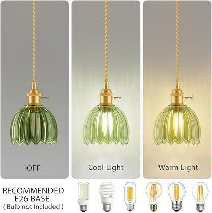 Ralbay 3 Pack Pendant Lights with Green Tulip Glass Lampshade, Mini Pendant Light Fixture with Switch, Adjustable Vintage Brass Hanging Light for Kitchen Island Bedroom Dining Room Hallway