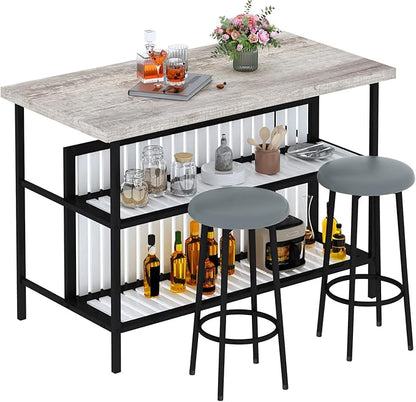 AWQM Kitchen Island with Seating & Storage Shelf, Faux Marble Island Table for Kitchen, Modern Bar Table and Chairs Set for 2,Dining Table Set for Small Space,Grey