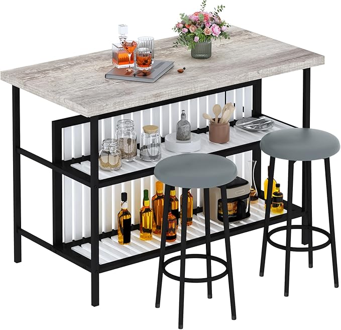 Lamerge 3 Piece Bar Table and Chairs Set, Industrial Bar Table Set with Storage Shelves,Marble Counter Height Island with 2 Bar Stools,Modern Pub Island for Kitchen,Grey
