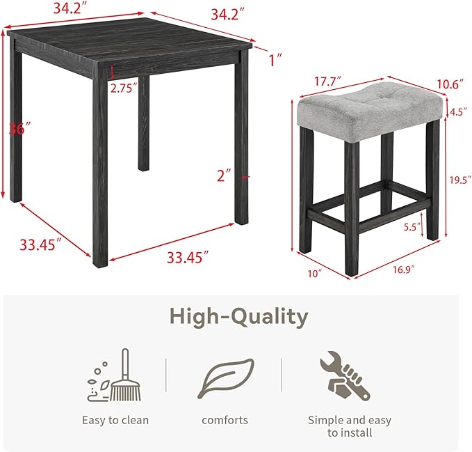 LKTART Dining Bar Table and Chairs Set 5 Piece Bar Table Set, Industrial Breakfast Table with 4 Padded Stools for Kitchen Dining Room Living Room (Black + Gray)