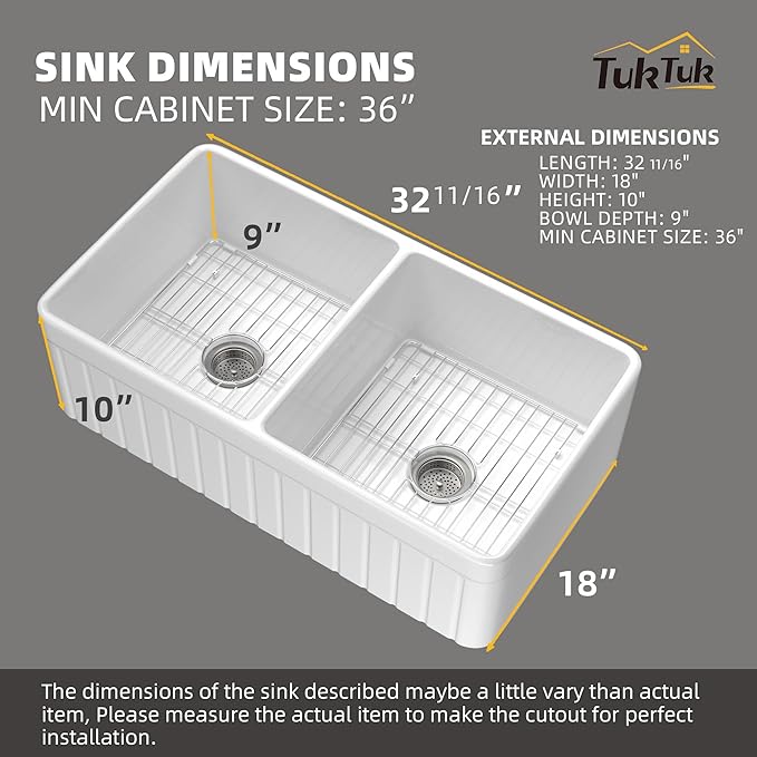 TUKTUK Farmhouse Sink 33 x 18 Inch 50/50 Fireclay Apron Front Farm House White Kitchen Sink Double Bowl Undermount Reversible Heavy Duty Porcelain Kitchen Basin with Modern Accessory Kit
