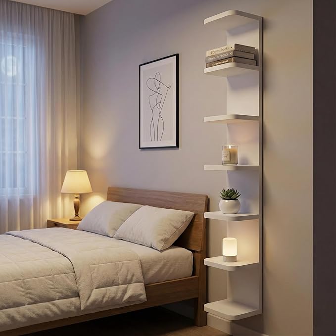 7 Tier Wall Shelf Unit White Floating Shelves for Wall, Decorative Lack Shelf for Storage Curved Edges, Tall Vertical Display Shelf for Bedroom, Vanity, Living Room, Book Shelves