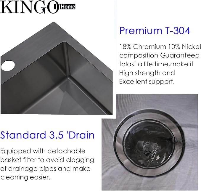 Black Drop In Bar Sink, 18 x 18 Inch Topmount RV 16 Gauge Gunmetal Black Stainless Steel Single Bowl Small Kitchen Sink, Handmade Modern Outdoor RV Wet Bar Perp Sinks with Drain