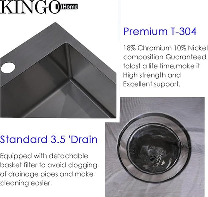 Black Drop In Bar Sink, 18 x 18 Inch Topmount RV 16 Gauge Gunmetal Black Stainless Steel Single Bowl Small Kitchen Sink, Handmade Modern Outdoor RV Wet Bar Perp Sinks with Drain