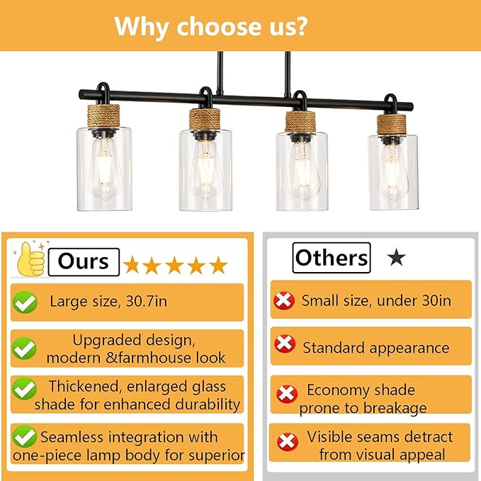 Black Pendant Lights Kitchen Island, Farmhouse Chandeliers for Dining Room, Linear Island Lights with Jute Rope & Clear Glass Shades(Black 4 Light)