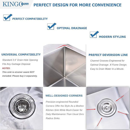 KINGO HOME 33 x 22 Inch Drop in Stainless Steel Kitchen Sink, Single Bowl 16 Gauge Top mount Sink Commercial Handmade 9 Inch Deep Kitchen Sinks Workstation Single Basin Brushed Satin Nickel
