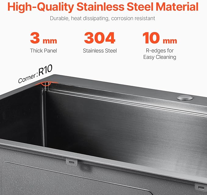 VEVOR Drop In Kitchen Sink 33 Inch Kitchen Sink Workstation, 304 Stainless Steel Top Mount Sinks, Drop-In Single Bowl with Ledge & Multiple Accessories Sink for RV, Prep Kitchen, Bar 33 x 22 x 9inch