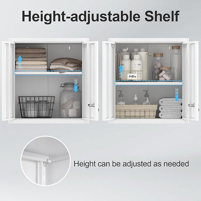 Metal Storage Cabinet with Lock, Kitchen Cabinets Wall Mounted, Steel Wall Cabinet with Doors and Shelves, Hanging Cabinet for Laundry, Pantry, Home Office, White