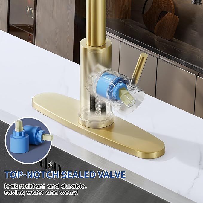 Brushed Gold Kitchen Faucets with Pull Down Sprayer, High Arc Single Handle Stainless Steel 1 or 3 Hole Utility Modern Faucet for Kitchen Sink, Suitable for Bar Laundry RV Farmhouse Camper