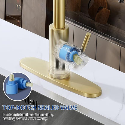 Brushed Gold Kitchen Faucets with Pull Down Sprayer, High Arc Single Handle Stainless Steel 1 or 3 Hole Utility Modern Faucet for Kitchen Sink, Suitable for Bar Laundry RV Farmhouse Camper