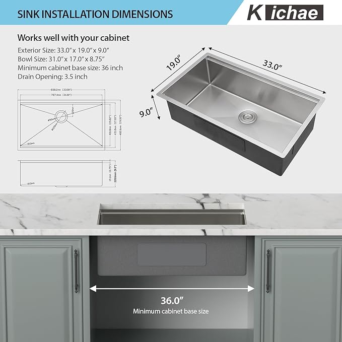 Kichae 33 Undermount Kitchen Sink- 33 x 19 Undermount Sink Ledge Workstation Stainless Steel 16 Gauge Single Bowl Round Corner Handmade with Cutting Board