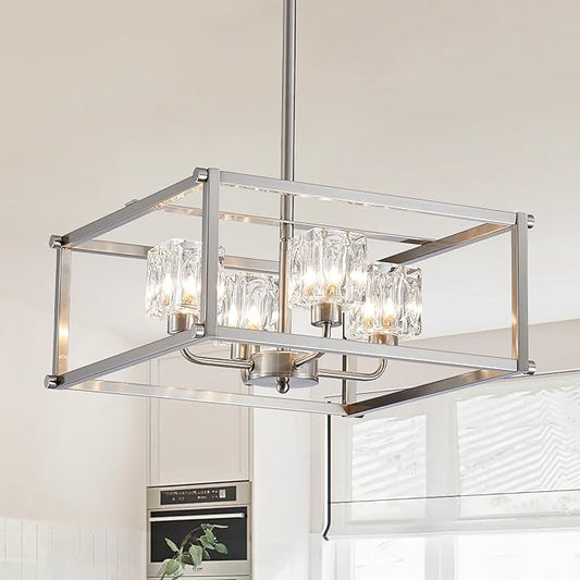 4-Light Farmhouse Chandelier for Dining Room, 15.7" Modern Brushed Nickel Ceiling Light Fixture, Adjustable Height Pendant Lighting for Kitchen, Living Room, Hallway, Bedroom, Foyer