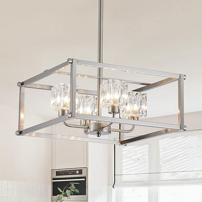 4-Light Farmhouse Chandelier for Dining Room, 15.7" Modern Brushed Nickel Ceiling Light Fixture, Adjustable Height Pendant Lighting for Kitchen, Living Room, Hallway, Bedroom, Foyer