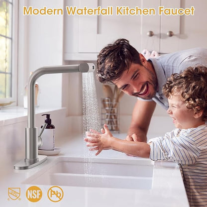 Waterfall Kitchen Faucet with Pull Down Sprayer, ARTIQUA Brushed Nickel Single Handle Kitchen Sink Faucet with Deck Plate Fits 1 or 3 Hole, for Bar RV Laundry Farmhouse Outdoor and Camper
