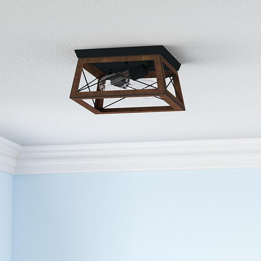 Pia Ricco Farmhouse Flush Mount Ceiling Light Fixture, Outdoor Porch Ceiling Lights, Rustic Industrial Style Square Close to Ceiling Light for Entry, Hallway, Kitchen, Patio, 2-Light, Brown