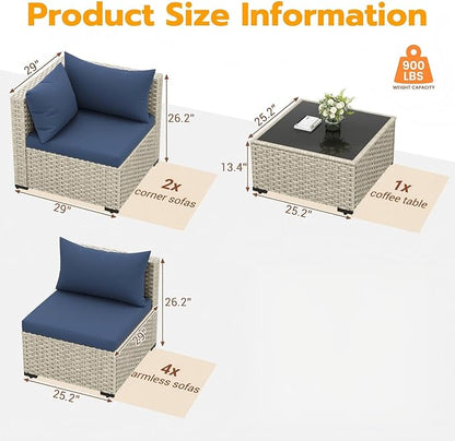 UDPATIO Outdoor Patio Furniture Set, 7-Piece Modular Sectional Sofa with Tea Table, PE Wicker Outdoor Conversation Set for Patio, Garden, Backyard Blue