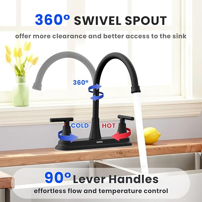 HURRAN 2 Handle Kitchen Sink Faucet, 8 Inch High Arc 360°Swivel Kitchen Sink Faucet, 3 Hole Kitchen Faucet Without Side Sprayer, Centerset RV Kitchen Faucet with Stainless Steel Pipe, Black