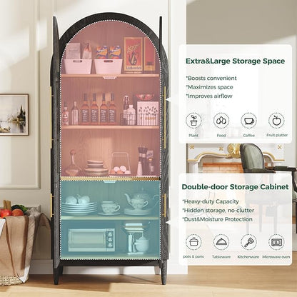 71”Arched Storage Cabinet with Glass & Rattan Door 5-Tier Farmhouse Kitchen Arch Cabinets with Adjustable Feet for Living Room, Black