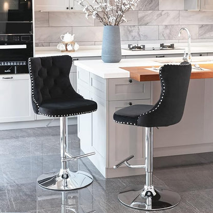 LUMISOL 2 Piece Swivel Velvet Bar Stools, Modern Upholstered Chrome Base Bar Stools with Backs Comfortable Tufted for Home Pub and Kitchen Island, Adjustable Seat Height from 25”-33”, Black
