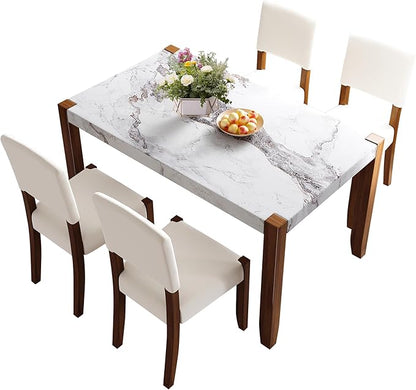 VilroCaz Modern 5-Piece Dining Table Set, 46" Faux Marble Style Table and 4 Upholstered Chairs with Solid Wood Legs, Kitchen Dining Room Set for 4, Space-Saving Dinette (Off White-5P)