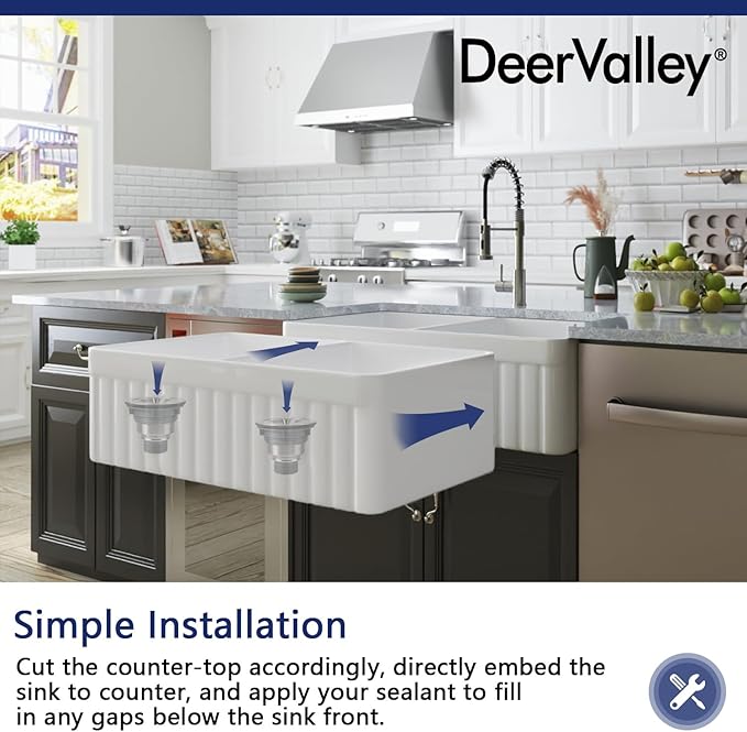 DeerValley Double Bowl Farmhouse Kitchen Sink 33 Inch, Fireclay Farm Sinks, Reversible Apron Front Deep Drop In Kitchen Sinks with Bottom Grid and Strainer