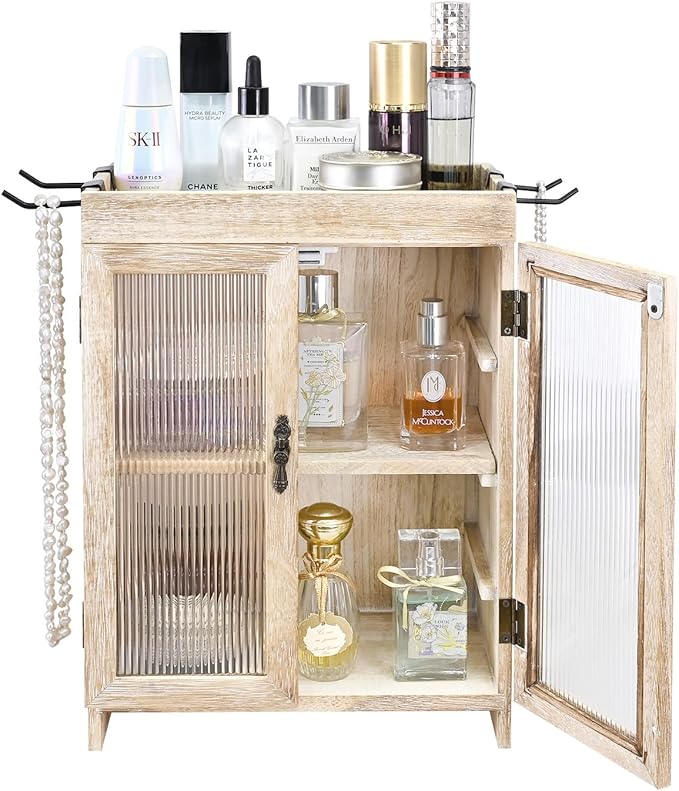 Ikee Design Wooden Countertop Storage Cabinet with Wavy Magnetic Door, Adjustable Shelves, Removable Hooks. Perfect for Perfume, Figurines, and Coffee Cups, Vintage White, 10.4 W x 6.1 D x 14.4 H in