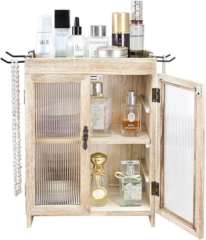 Ikee Design Wooden Countertop Storage Cabinet with Wavy Magnetic Door, Adjustable Shelves, Removable Hooks. Perfect for Perfume, Figurines, and Coffee Cups, Vintage White, 10.4 W x 6.1 D x 14.4 H in