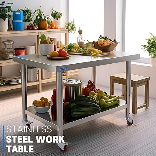 KUARBARR Stainless Steel Table for Prep & Work with 4 Caster Wheels with Undershelf 30 x 36 NSF Metal Commercial Kitchen Adjustable Under Shelf Worktable for Restaurant Home Outdoor