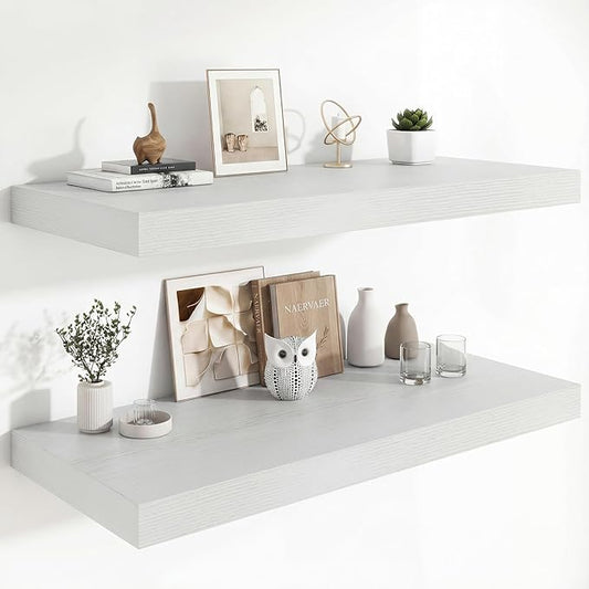 Heimlove 12" Deep Floating Shelves, 36 x 12 Inch Wall Mounted Long Floating Shelf with Invisible Brackets, for Home Decor, Bedroom, Kitchen, Living Room, Bathroom - 2 Pack, White