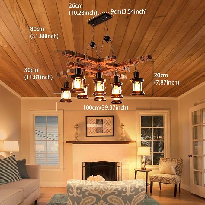 Wooden Chandelier 8 Lights Industrial Chandelier Retro Wood Lamp Pendant Lights Farmhouse Ceiling Lighting Lamp Fixture Dining Room Light Fixture Glass Lampshade for Homes, Bars, Restaurants, Cafes