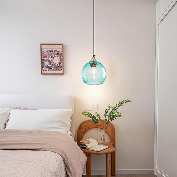 Light Blue Glass Pendant Lights Kitchen Island Globe Pendant Light Fixtures Modern Pendant Lighting for Bedroom Living Dining Room Light Fixture (5.9 in, 1 Pack)