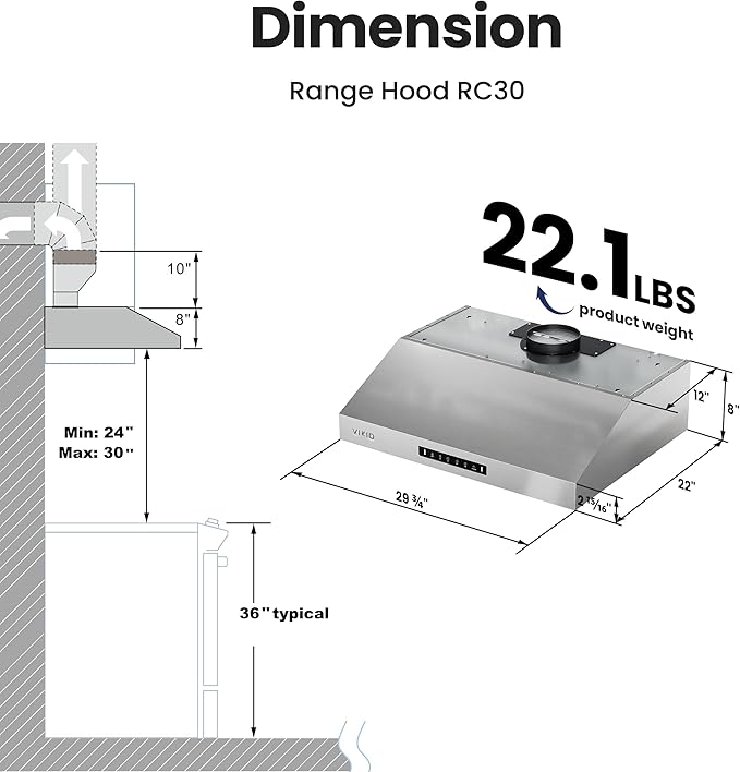 VIKIO HOME Under 30 Inch Cabinet Range Hood 3 Speed Gesture Sensing & Touch Control with 900CFM Vent Hood, Stainless Steel Kitchen Hood with LED Light and 2 Baffle Filters with Handlebar