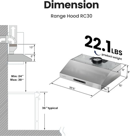 VIKIO HOME Under 30 Inch Cabinet Range Hood 3 Speed Gesture Sensing & Touch Control with 900CFM Vent Hood, Stainless Steel Kitchen Hood with LED Light and 2 Baffle Filters with Handlebar