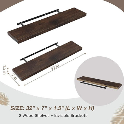 Lufia Floating Wall Shelves, Set of 2, MDF with Invisible Brackets, Modern Storage for Bedroom, Bathroom, Living Room, Kitchen (Rustic Brown, 32" W x 7" D x 1.5" H)