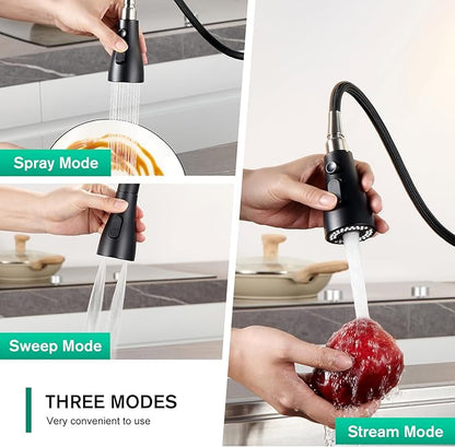 CREA Black Kitchen Faucet, Pull Down Kitchen Faucets with Sprayer 3 Modes, Uitility Laundry Faucets Single Hole Bar Sink Faucet 360° Swivel High Arc Stainless Steel RV Faucet, Matte Black