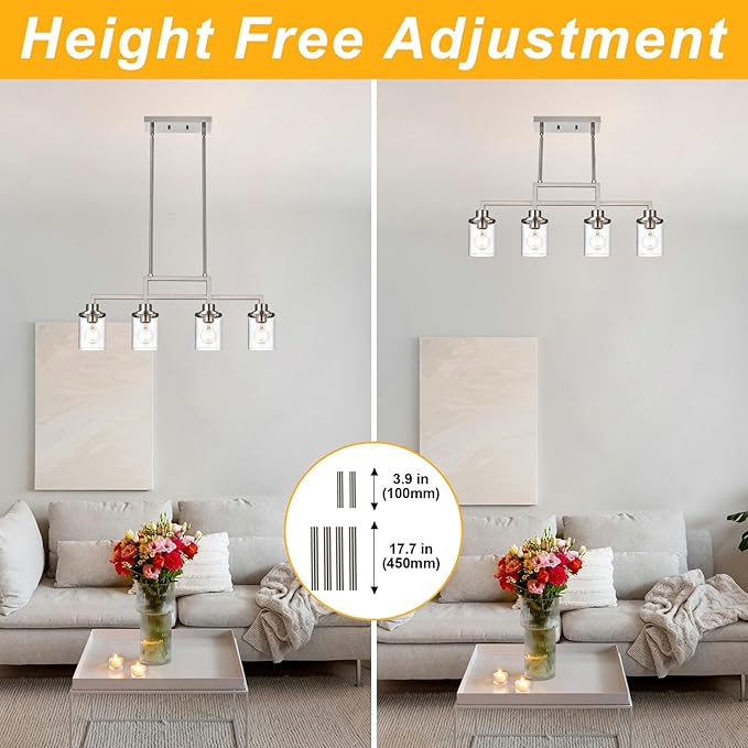 Yaohong 4-Light Brushed Nickel Farmhouse Dining Room Light Fixture, Modern Kitchen Island Chandelier with Clear Glass Shades, Adjustable Ceiling Pendant Lighting for Dining Table and Living Room